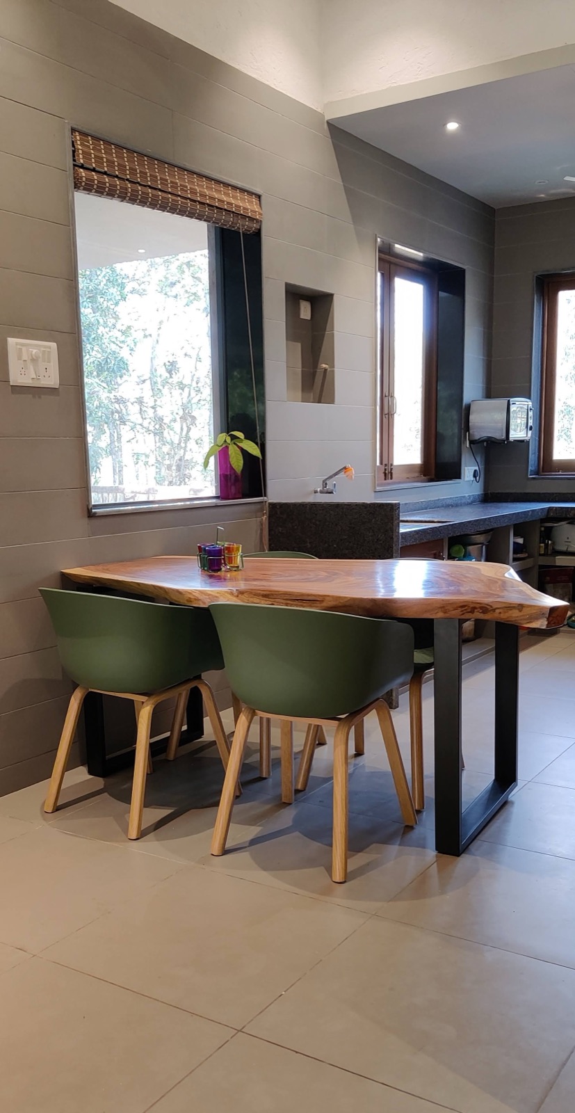 Live-edge dining table by the kitchen